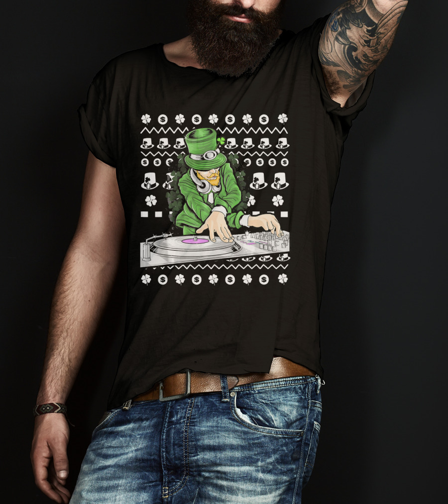 Leprechaun DJ Mixing With Shamrocks And Top Hats T-Shirt