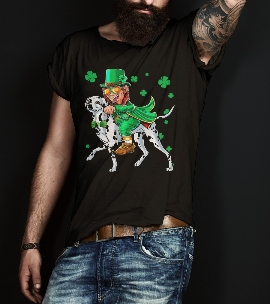 Leprechaun Riding Dalmatian With Shamrocks St. Patrick's Day T-Shirt