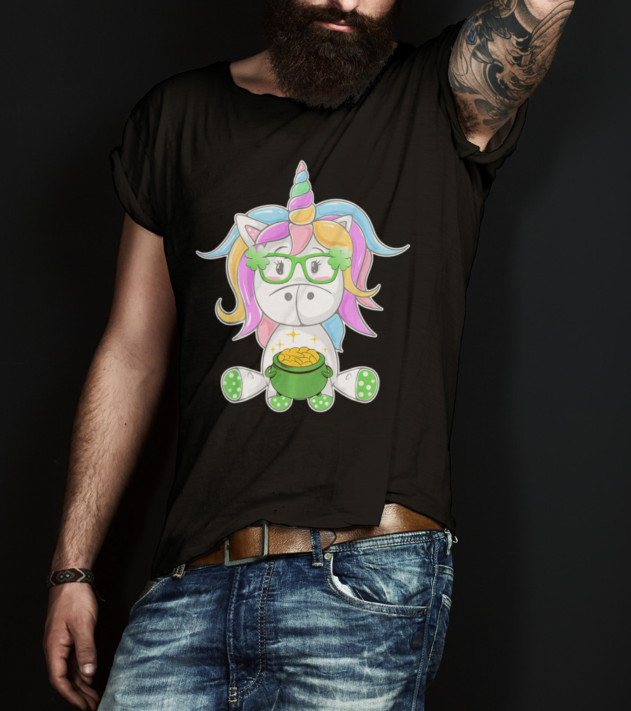 Unicorn Face Saint Patricks Day Shamrock Glasses Pot Of Gold T-Shirt
