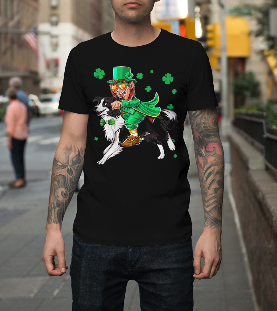 Leprechaun Riding Border Collie With Shamrocks T-Shirt