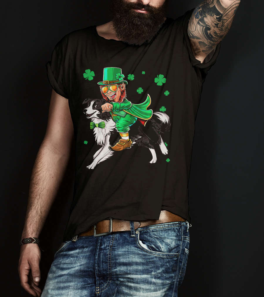 Leprechaun Riding Border Collie With Shamrocks T-Shirt
