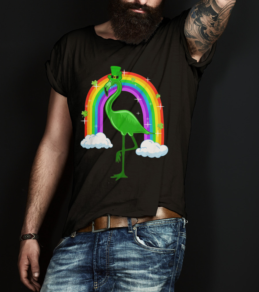 Leprechaun Flamingo With Rainbow And Clovers T-Shirt