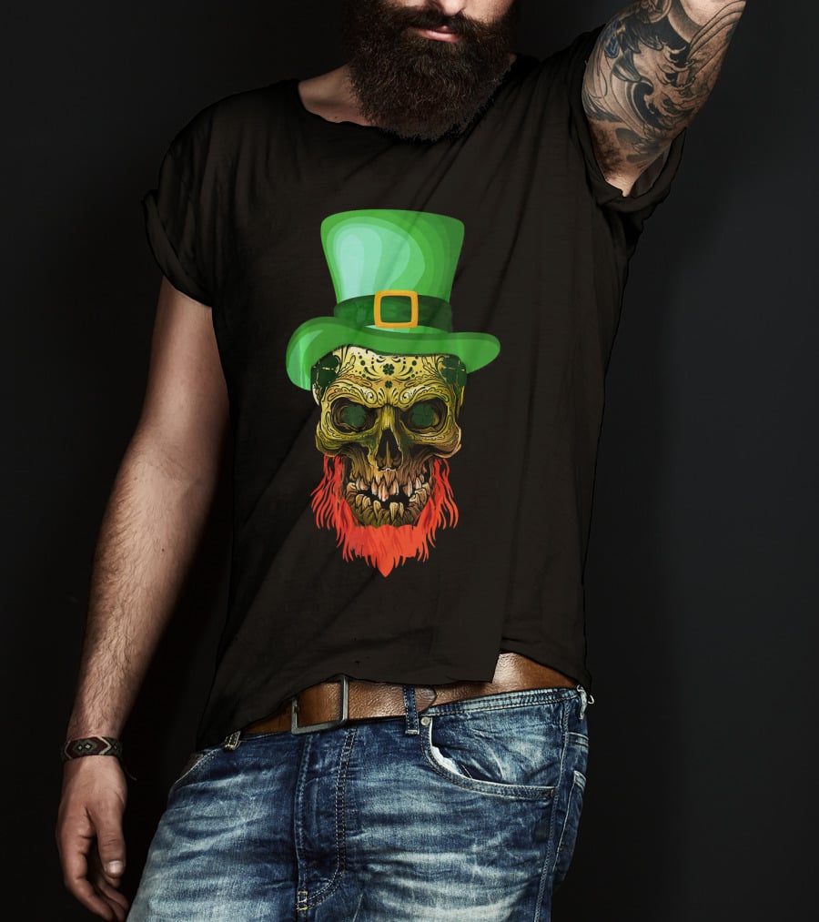 Skull Leprechaun Irish Green Hat Red Beard T-Shirt