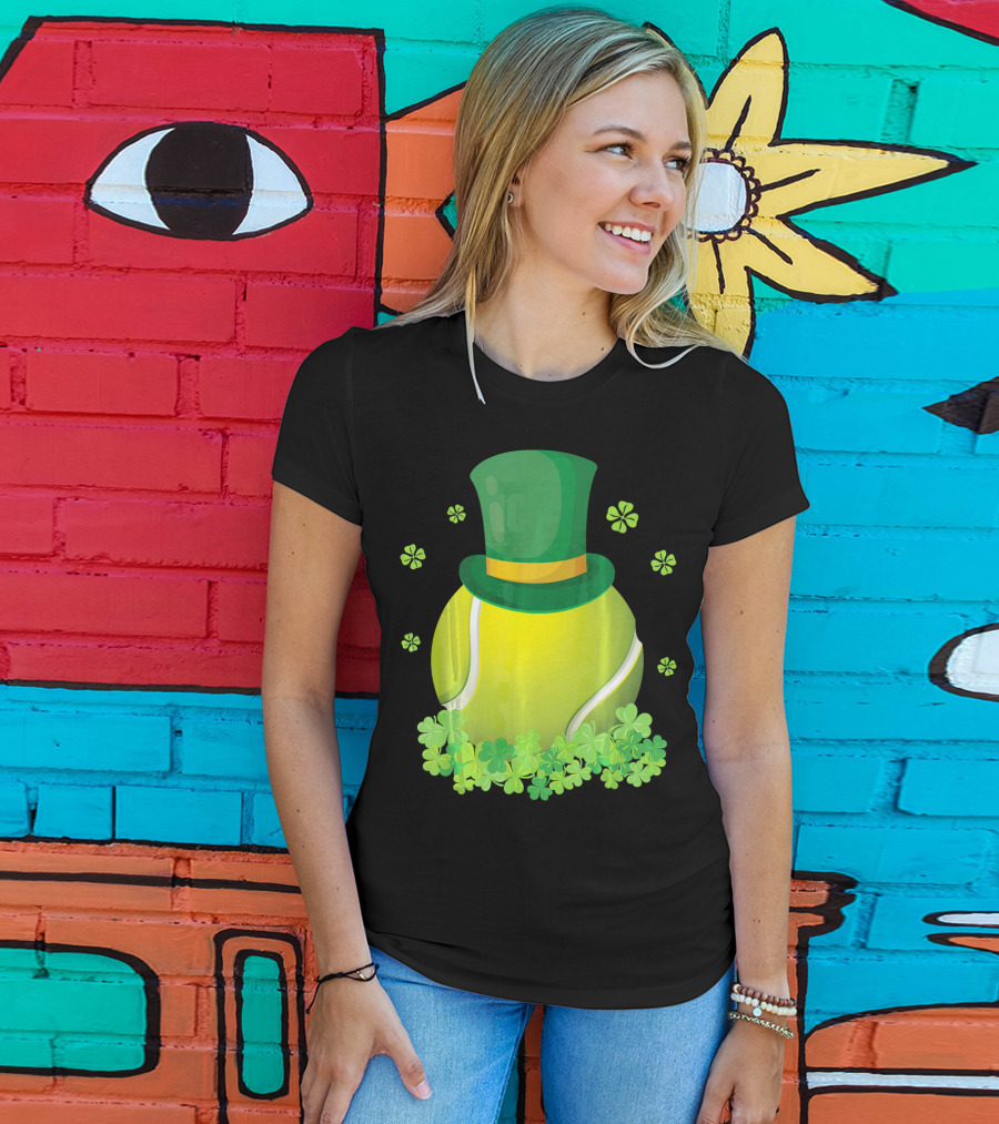 Leprechaun Hat Tennis Ball Surrounded By Shamrocks T-Shirt
