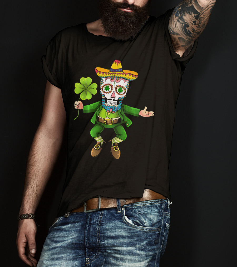 Cinco De Mayo Leprechaun Sugar Skull Sombrero And Shamrock T-Shirt