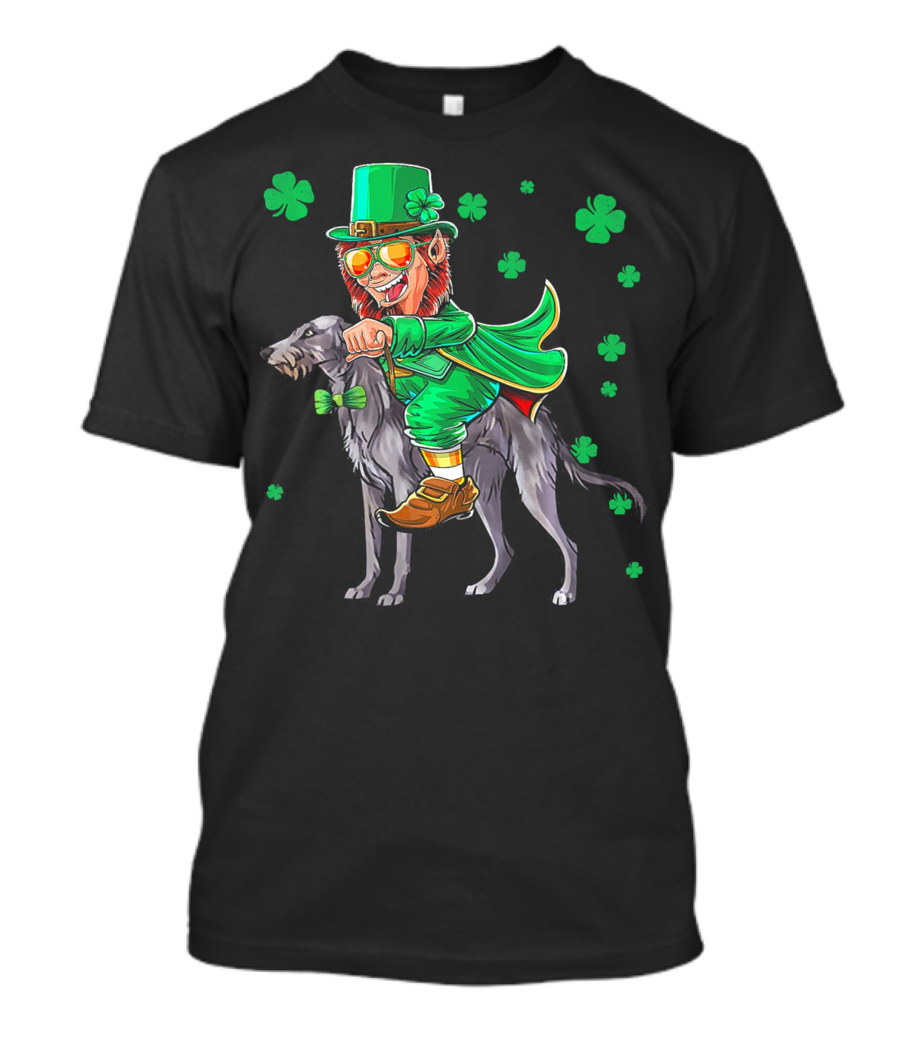 Leprechaun Riding Scottish Deerhound With Shamrocks T-Shirt