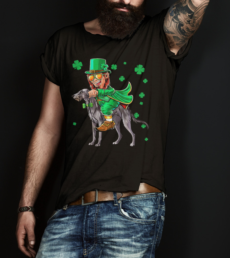 Leprechaun Riding Scottish Deerhound With Shamrocks T-Shirt
