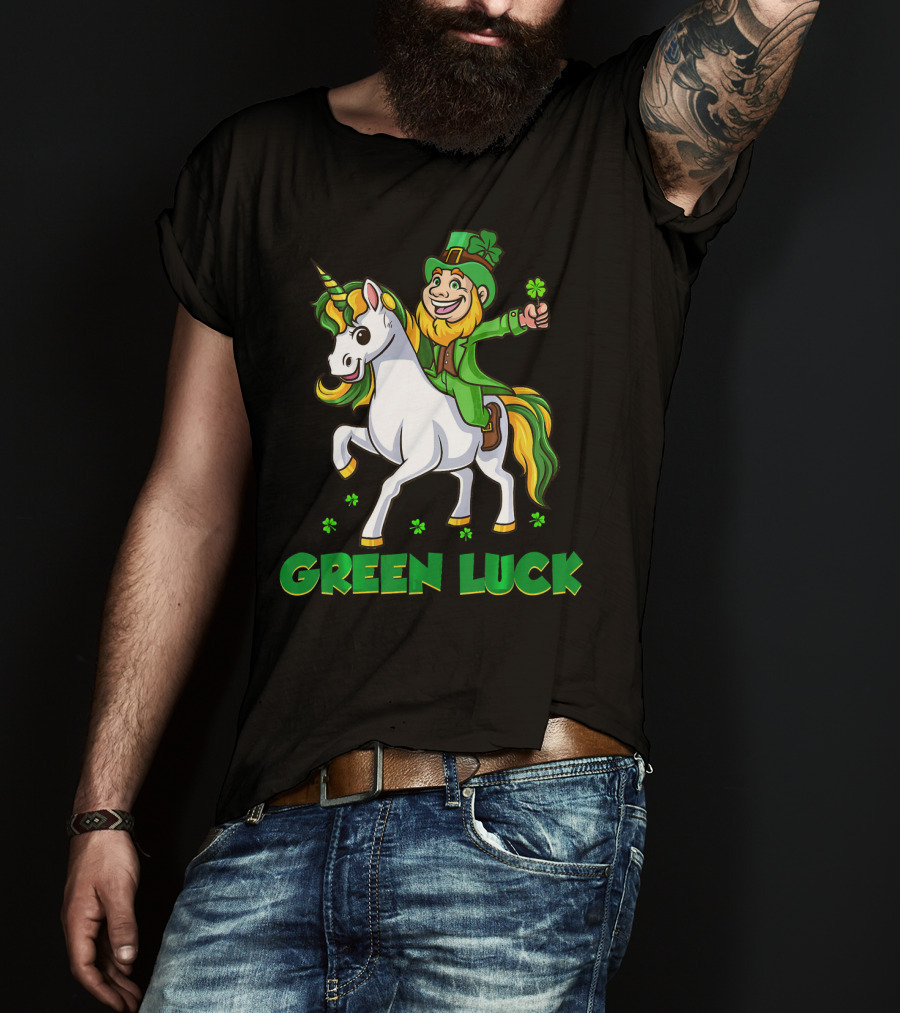 Green Luck Leprechaun Holding Shamrock Riding Unicorn T-Shirt