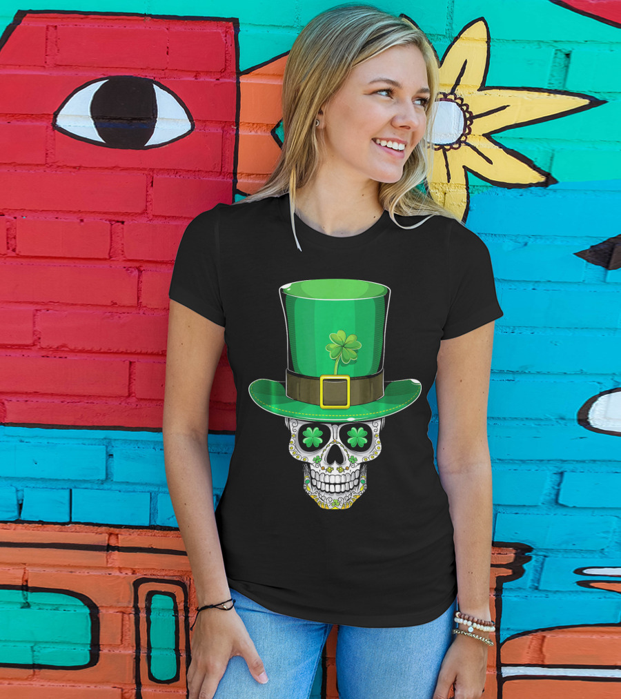 St Patricks Day Shamrock Sugar Skull Leprechaun T-Shirt