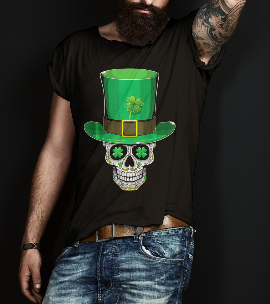 St Patricks Day Shamrock Sugar Skull Leprechaun T-Shirt