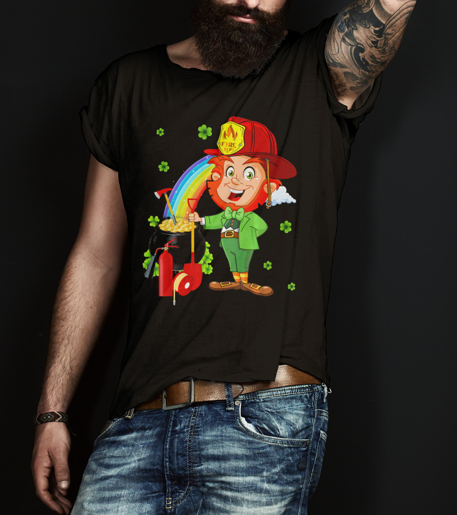 Fire Dept Leprechaun With Pot Of Gold And Rainbow T-Shirt