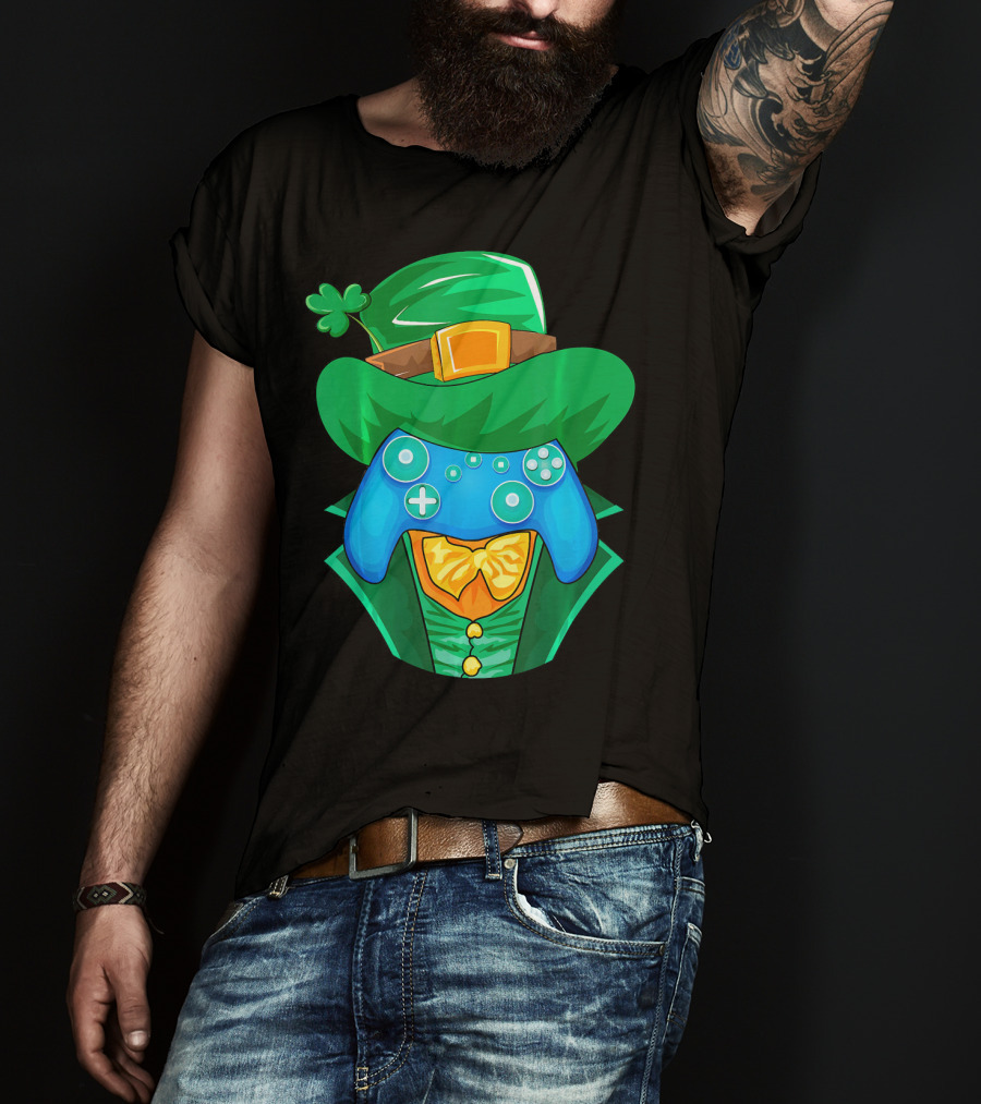 Leprechaun Gamer Controller St Patrick's Day Shamrock Hat Bowtie T-Shirt