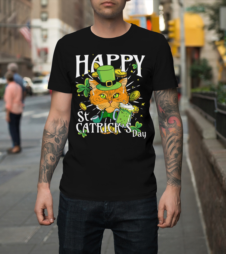 Happy St. Catricks Day Funny St. Patrick Cat Clover Coins T-Shirt