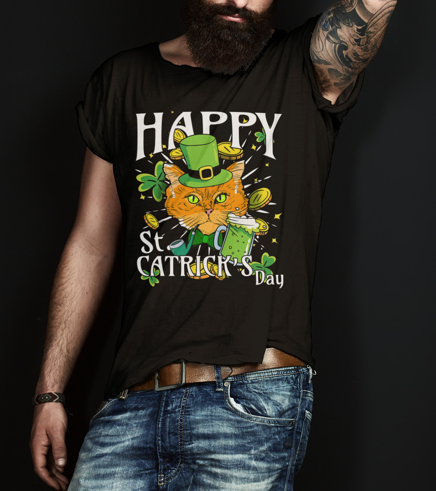 Happy St. Catricks Day Funny St. Patrick Cat Clover Coins T-Shirt