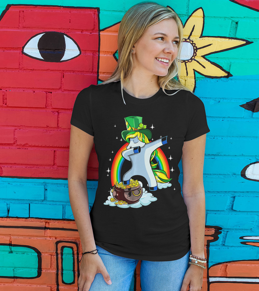 St Patricks Day Dabbing Unicorn Rainbow Pot Of Gold T-Shirt