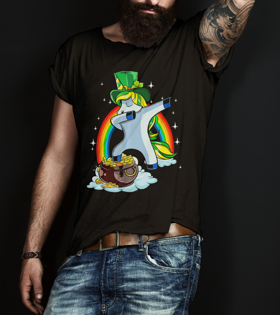 St Patricks Day Dabbing Unicorn Rainbow Pot Of Gold T-Shirt