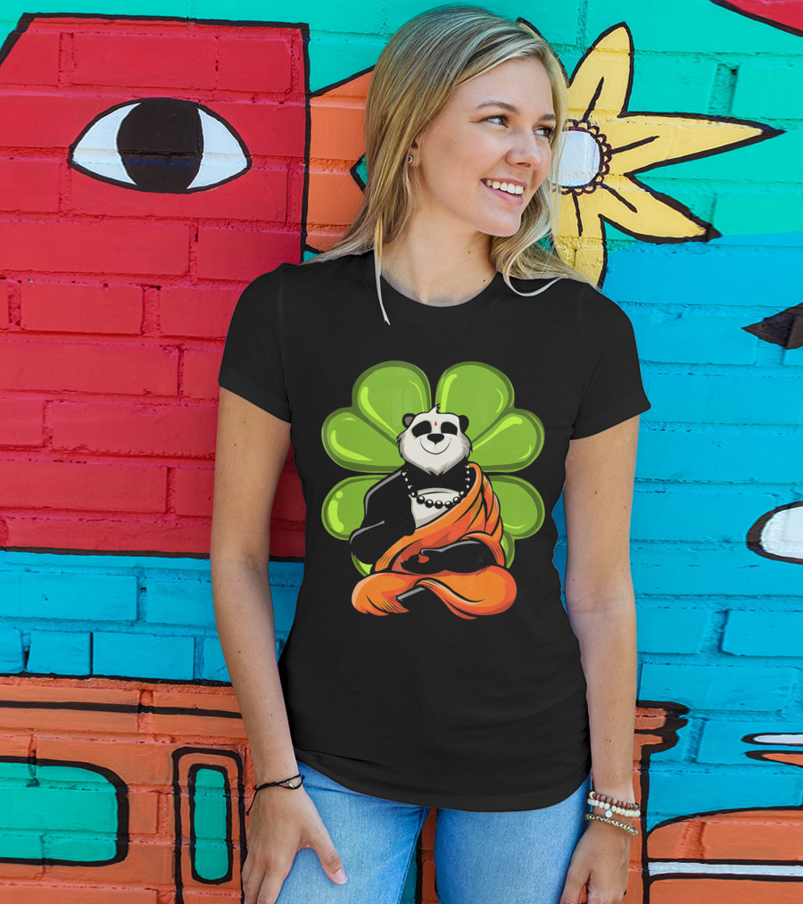 Panda Bear Buddha Zen Meditation With Lucky Four-Leaf Clover T-Shirt
