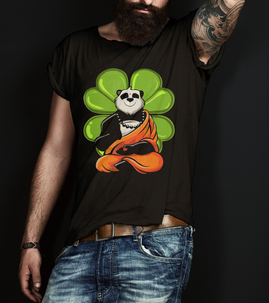 Panda Bear Buddha Zen Meditation With Lucky Four-Leaf Clover T-Shirt