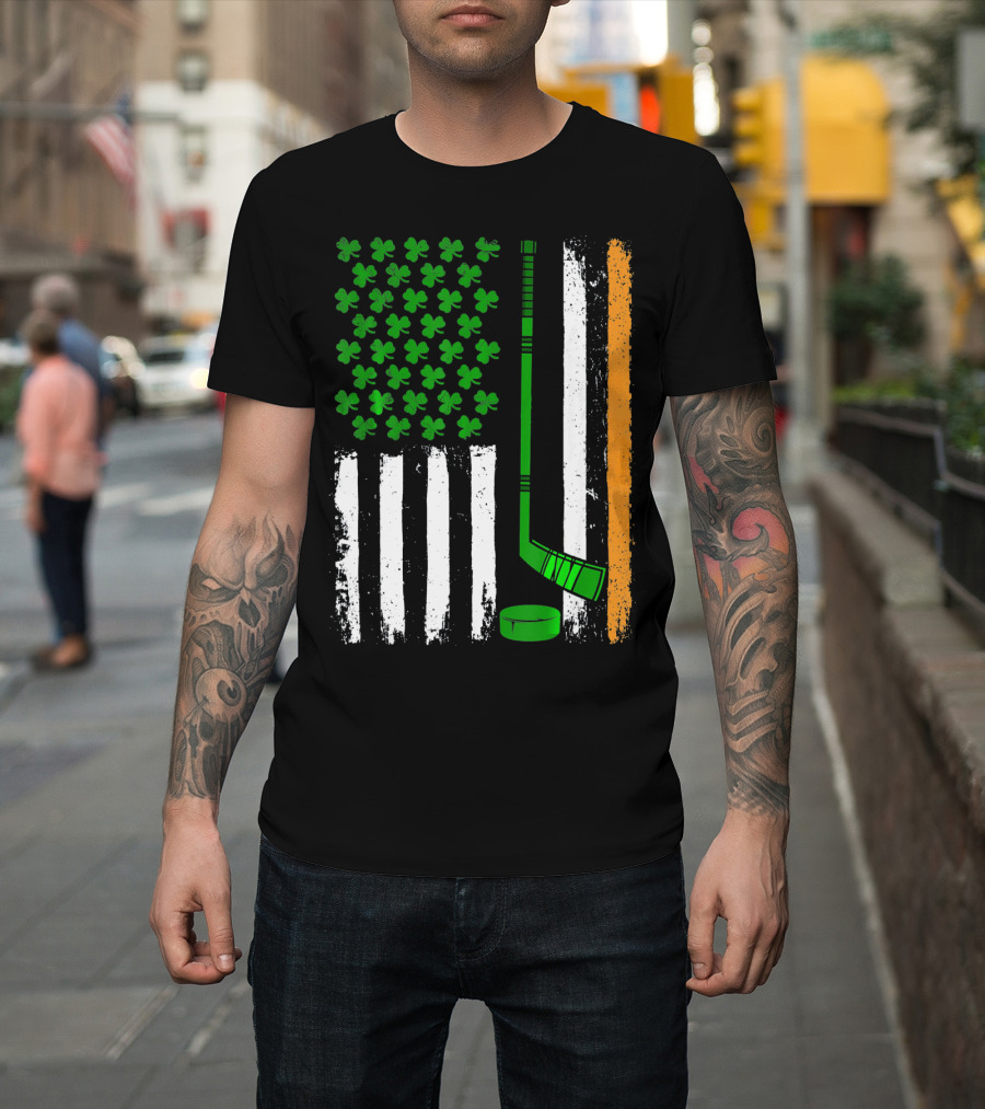 Hockey St Patricks Irish American Flag Shamrock Hockey Stick T-Shirt