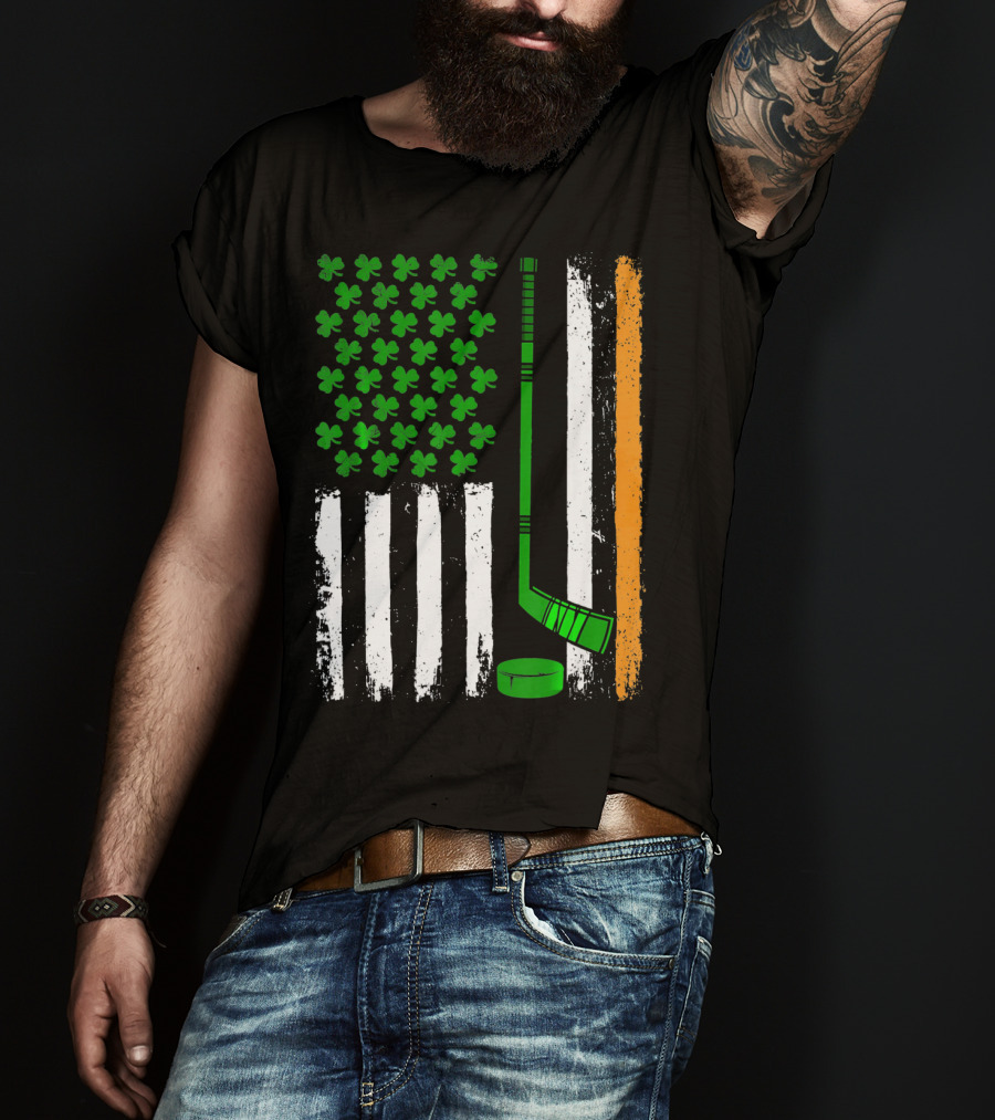 Hockey St Patricks Irish American Flag Shamrock Hockey Stick T-Shirt