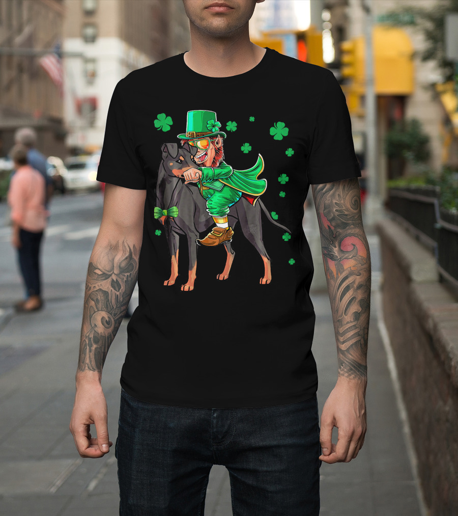 Leprechaun Riding Manchester Terrier With Shamrocks T-Shirt