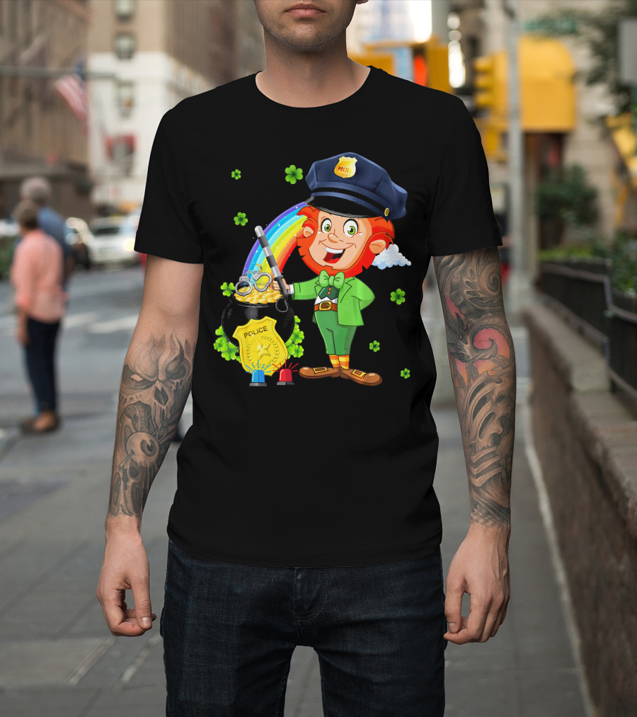 Police Leprechaun Pot Of Gold Rainbow Clover St. Patricks T-Shirt