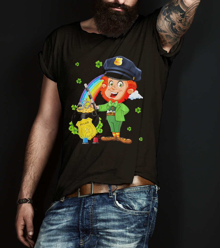 Police Leprechaun Pot Of Gold Rainbow Clover St. Patricks T-Shirt