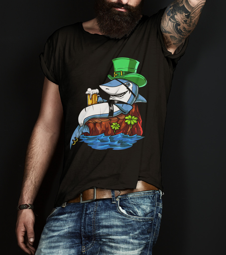 Leprechaun Shark Pirate St Patricks Beer Shamrock Rock T-Shirt