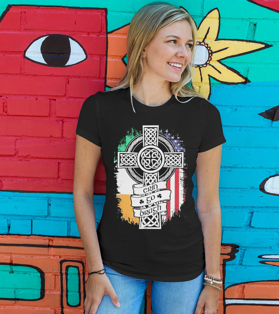 Erin Go Bragh Celtic Cross Irish American Flag T-Shirt