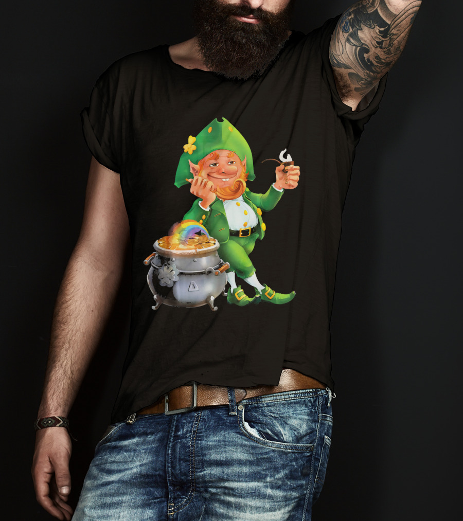 Cool Leprechaun With Rainbow And Gold Pot T-Shirt