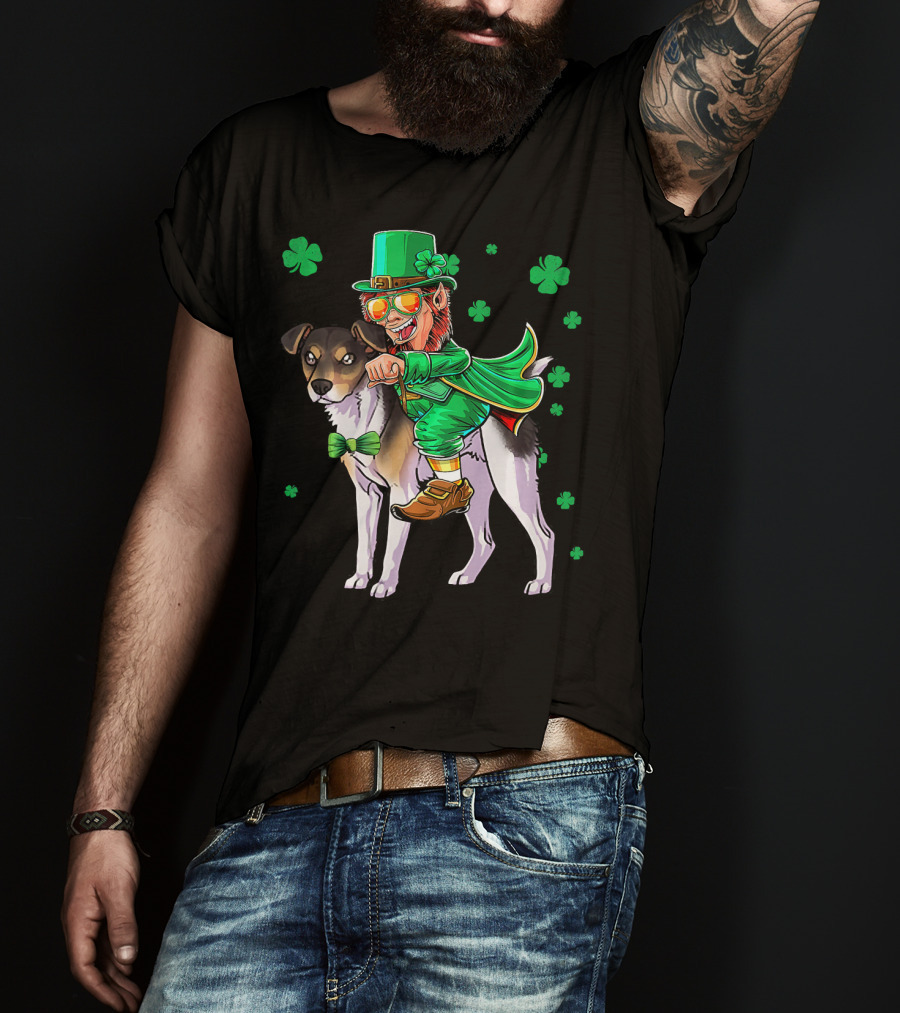 Leprechaun Riding Rat Terrier With Shamrock Pattern St Patrick's Day T-Shirt
