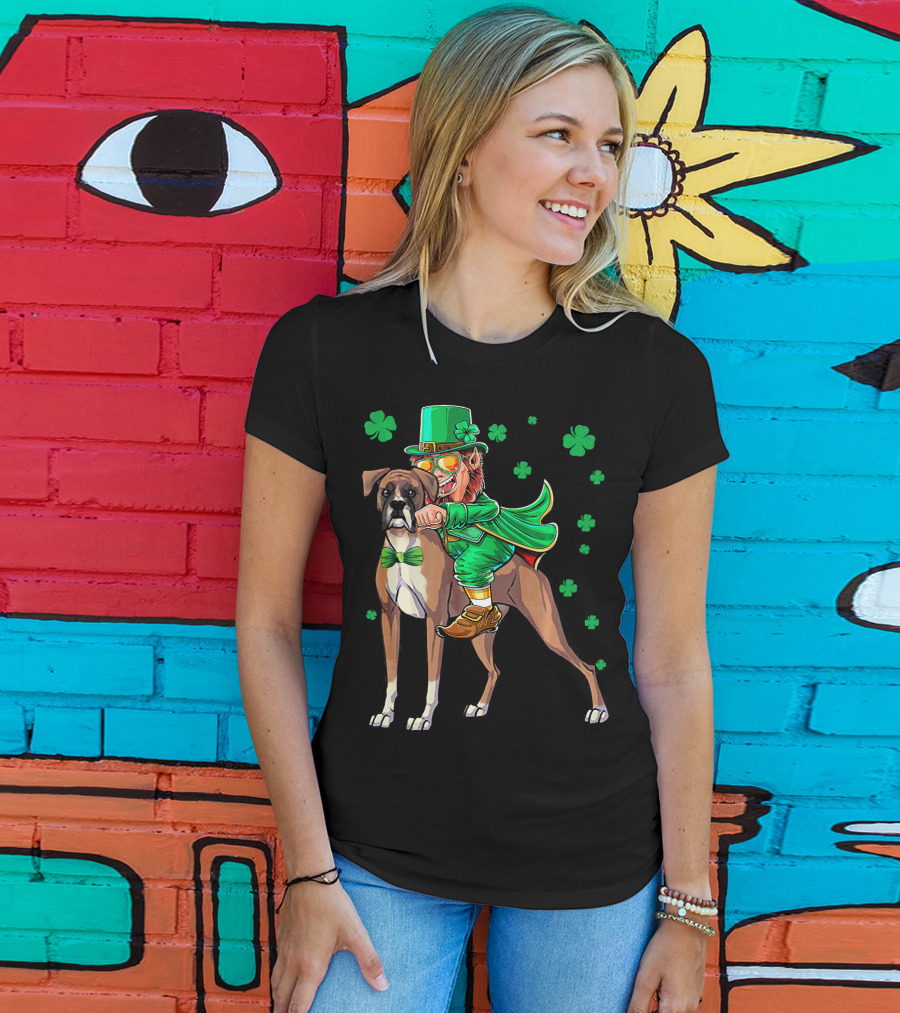 Leprechaun Riding Boxer Dog With Shamrocks St. Patrick's Day T-Shirt
