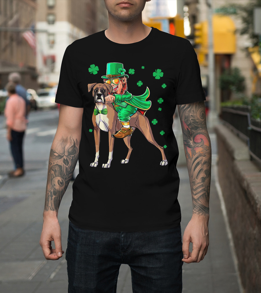 Leprechaun Riding Boxer Dog With Shamrocks St. Patrick's Day T-Shirt