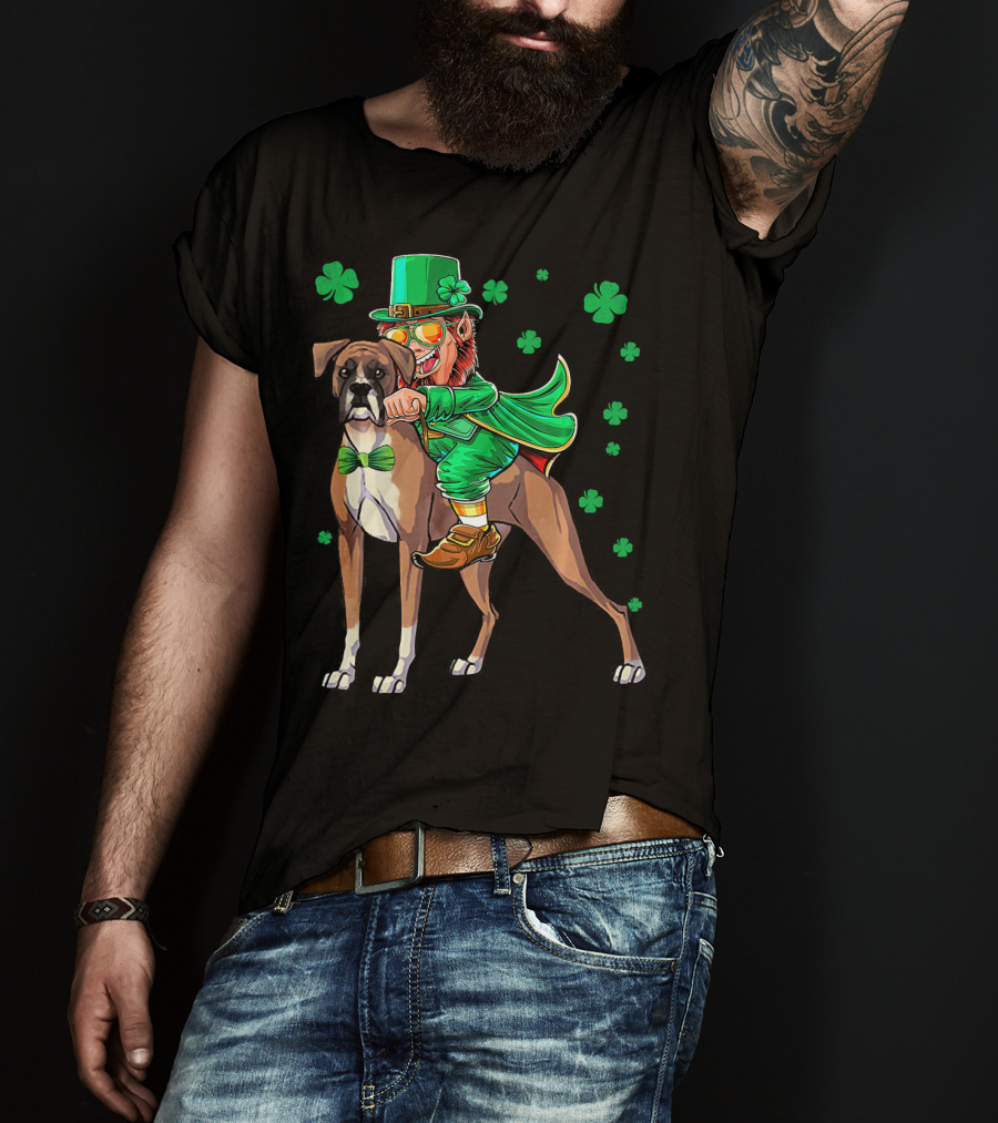 Leprechaun Riding Boxer Dog With Shamrocks St. Patrick's Day T-Shirt