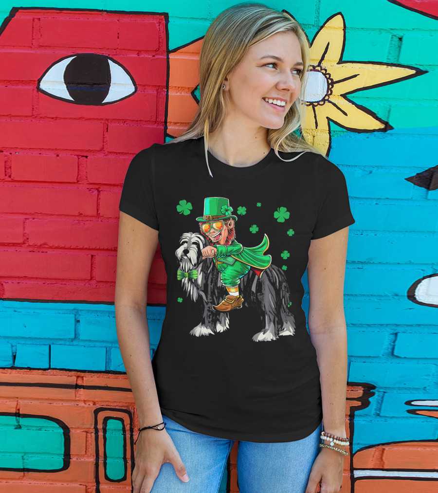 Leprechaun Riding Bearded Collie With Shamrocks T-Shirt