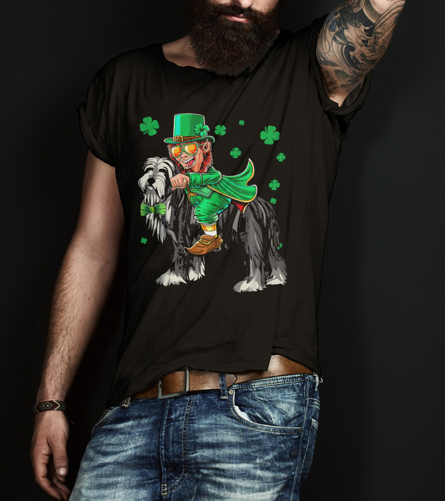 Leprechaun Riding Bearded Collie With Shamrocks T-Shirt
