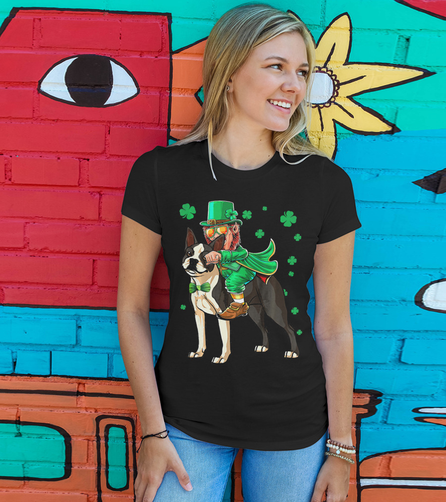 Leprechaun Riding Boston Terrier With Shamrock Accents T-Shirt