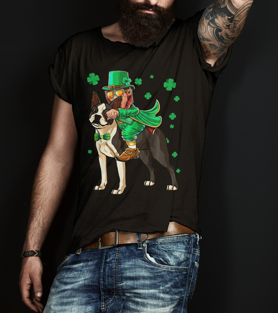 Leprechaun Riding Boston Terrier With Shamrock Accents T-Shirt