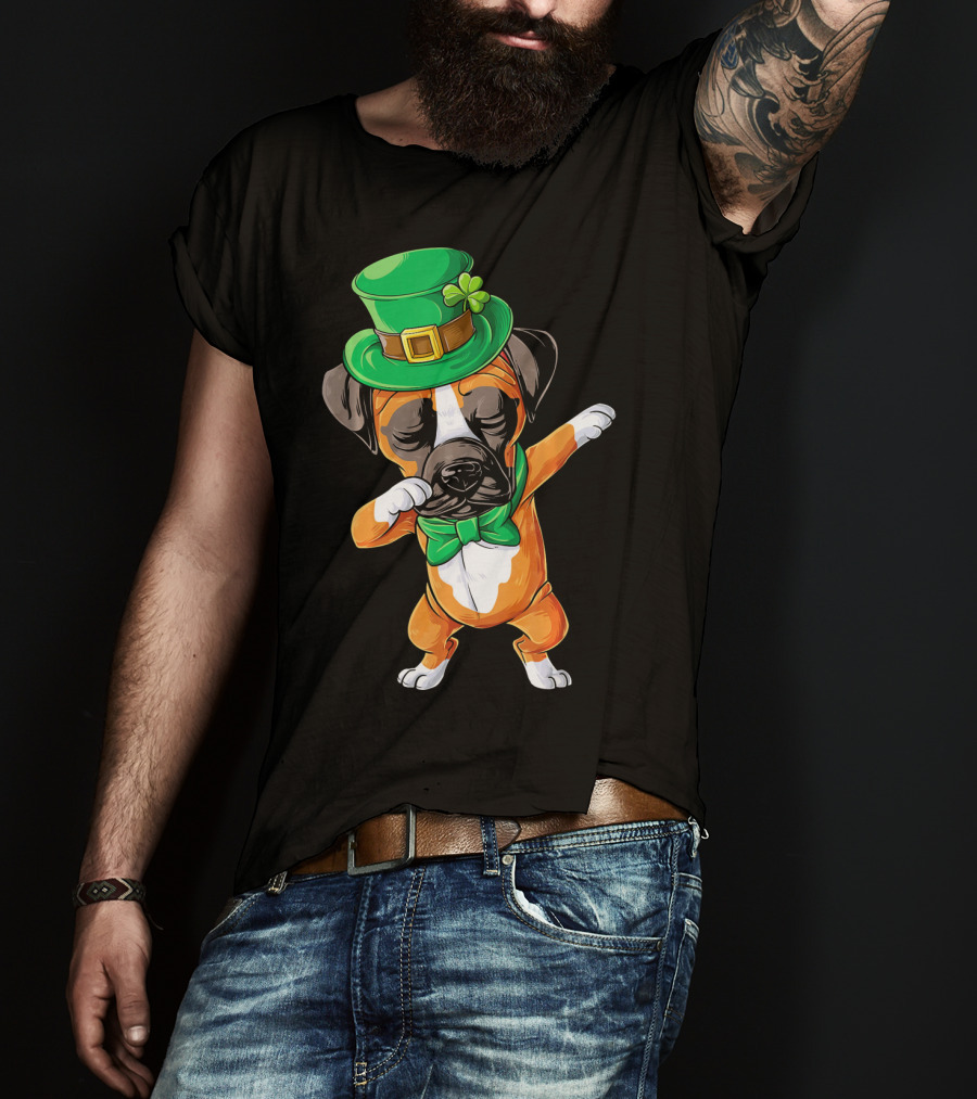 Dabbing Boxer Dog St Patricks Day Hat Bowtie T-Shirt