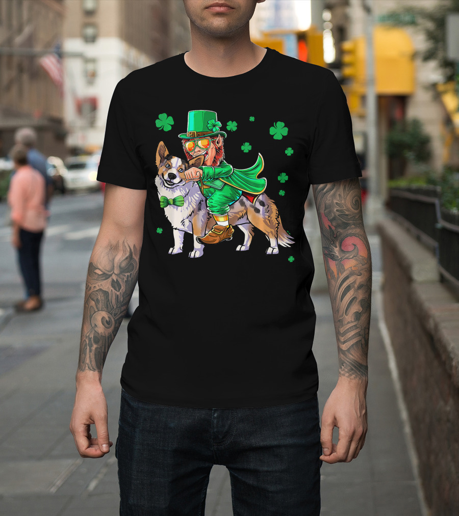 Leprechaun Riding Cardigan Welsh Corgi with Shamrocks T-Shirt