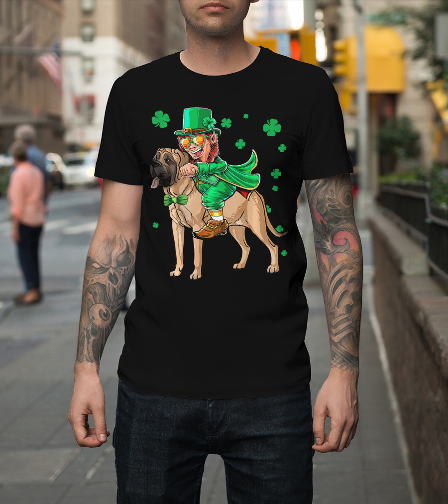 Leprechaun Riding English Mastiff With Shamrocks T-Shirt