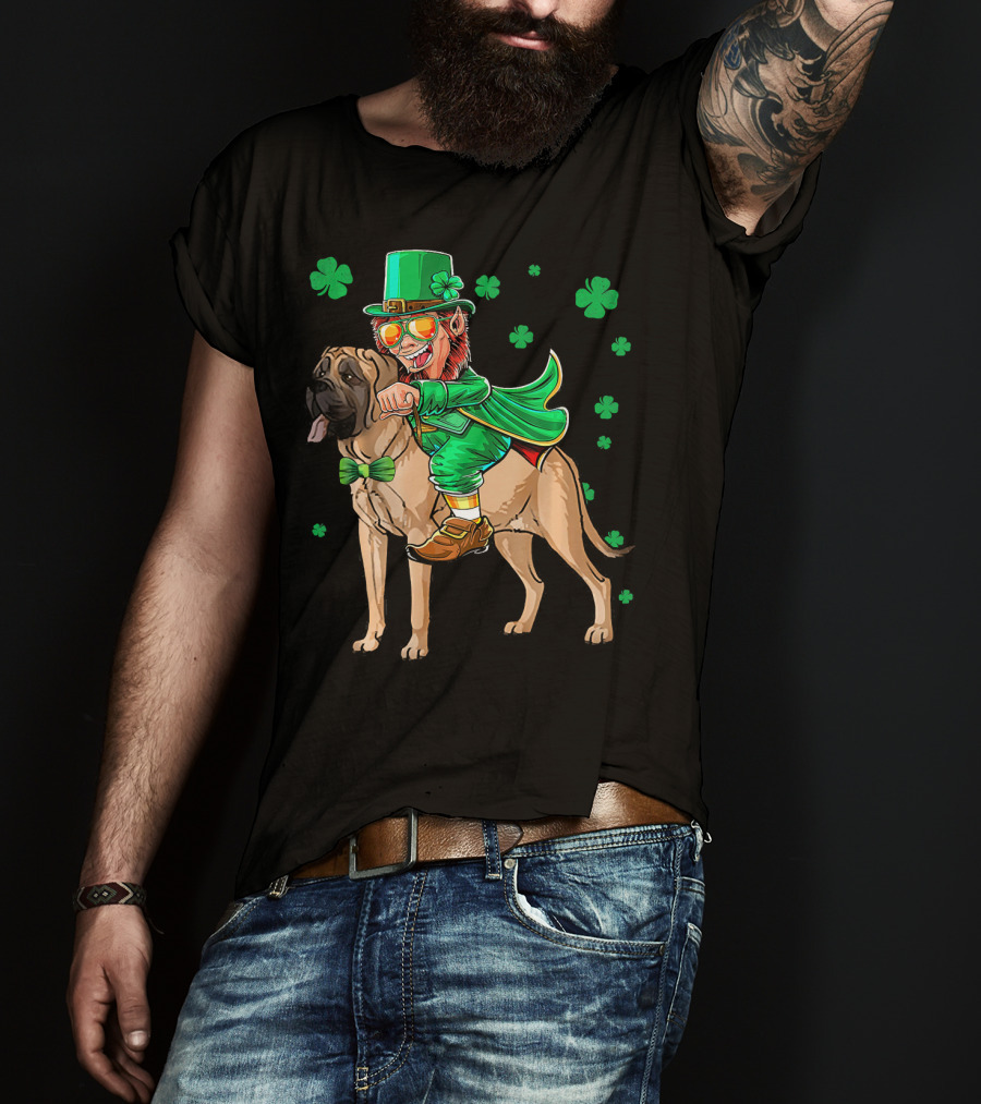 Leprechaun Riding English Mastiff With Shamrocks T-Shirt