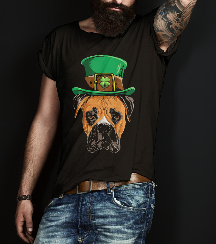 St. Patrick's Day Boxer Dog With Green Top Hat And Shamrock T-Shirt