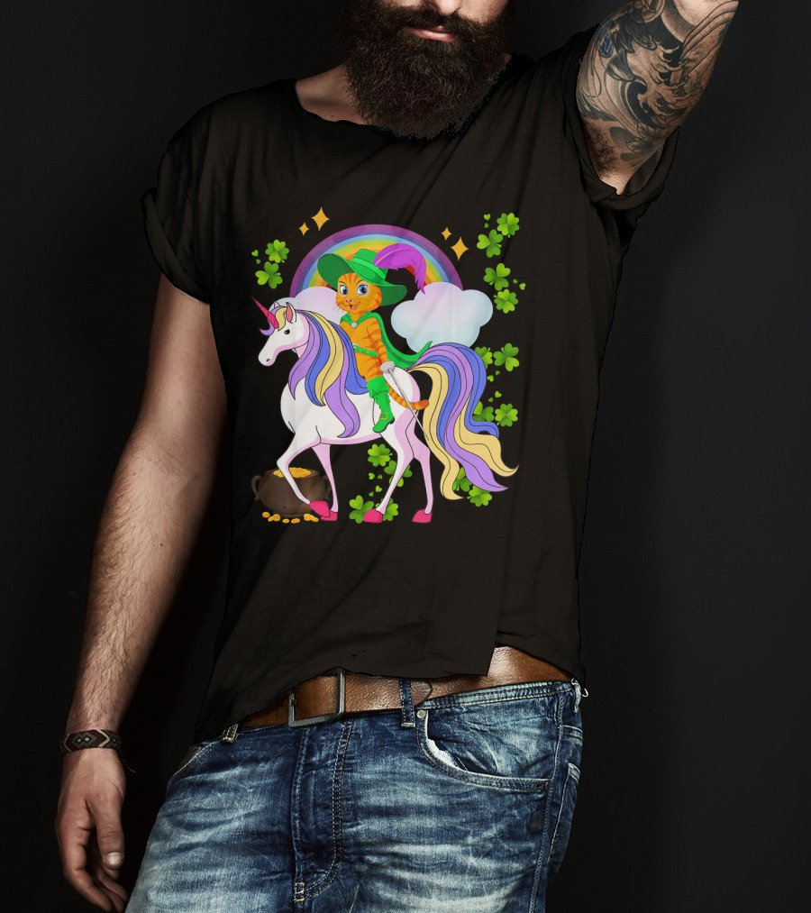 Leprechaun Cat Riding Unicorn With Rainbow And Shamrocks St Patrick Pot Of Gold T-Shirt