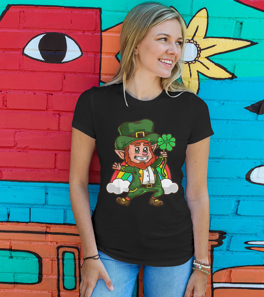 St Patricks Happy Leprechaun Holding Shamrock With Rainbow And Clouds T-Shirt