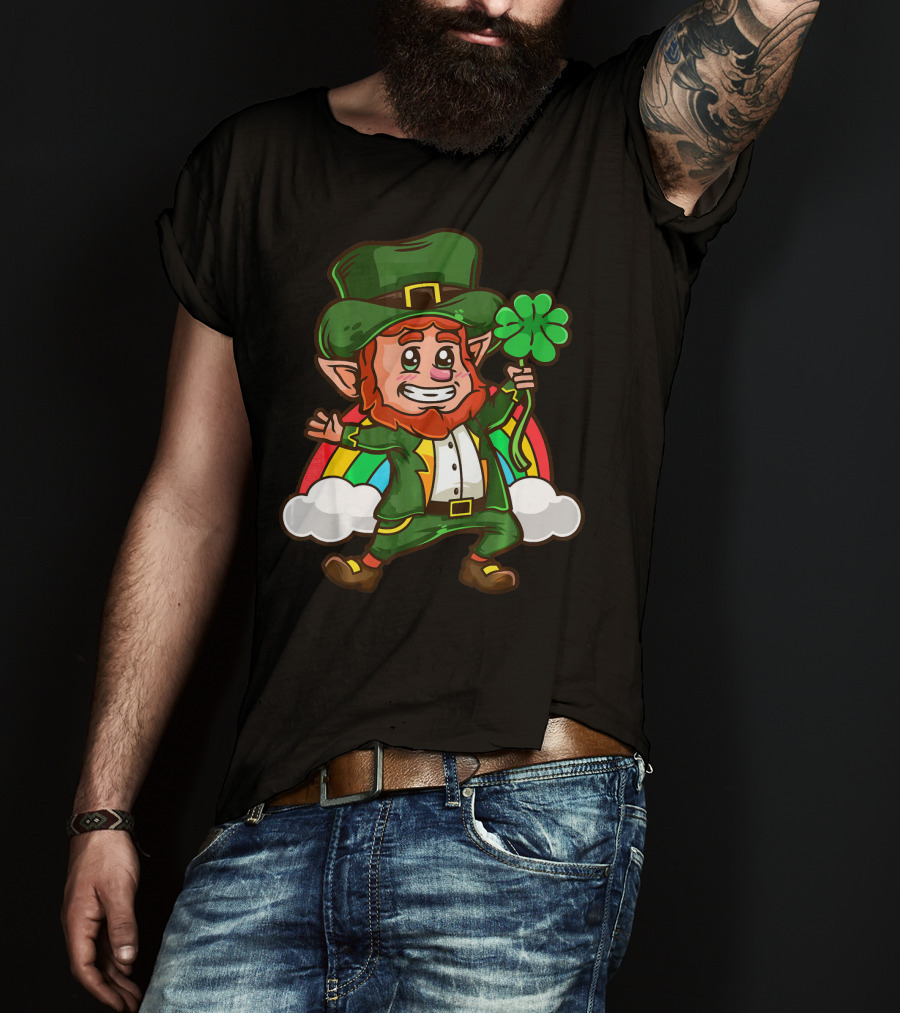 St Patricks Happy Leprechaun Holding Shamrock With Rainbow And Clouds T-Shirt