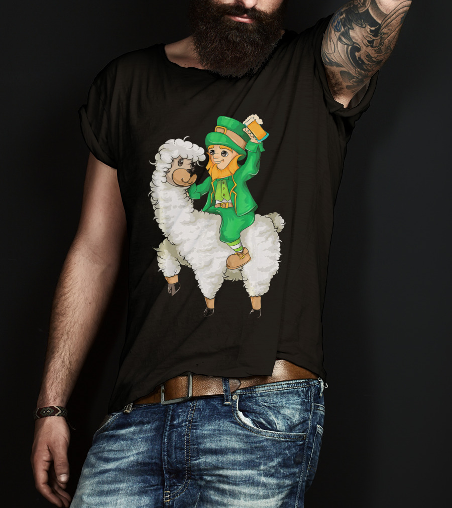 Leprechaun In Green Suit Riding White Fluffy Llama With Beer On St. Patrick's Day T-Shirt