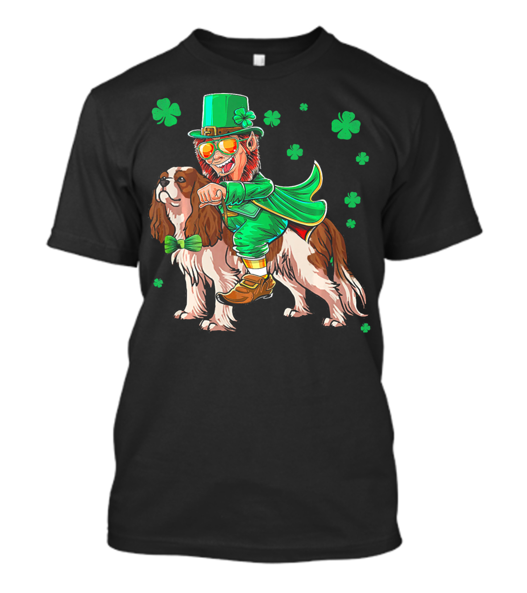 Leprechaun Riding Cavalier King Charles Spaniel With Shamrocks T-Shirt