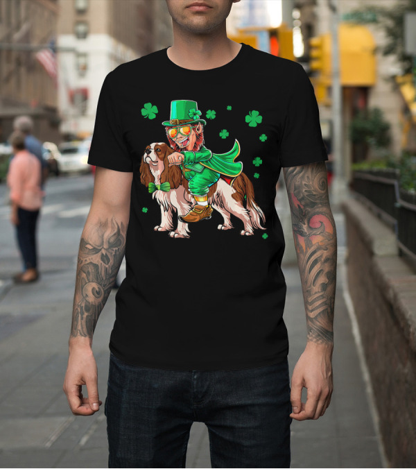Shirt: Leprechaun Riding Cavalier King Charles Spaniel with Shamrocks T-Shirt Leprechaun Riding Cavalier King Charles Spaniel with Shamrocks T-Shirt