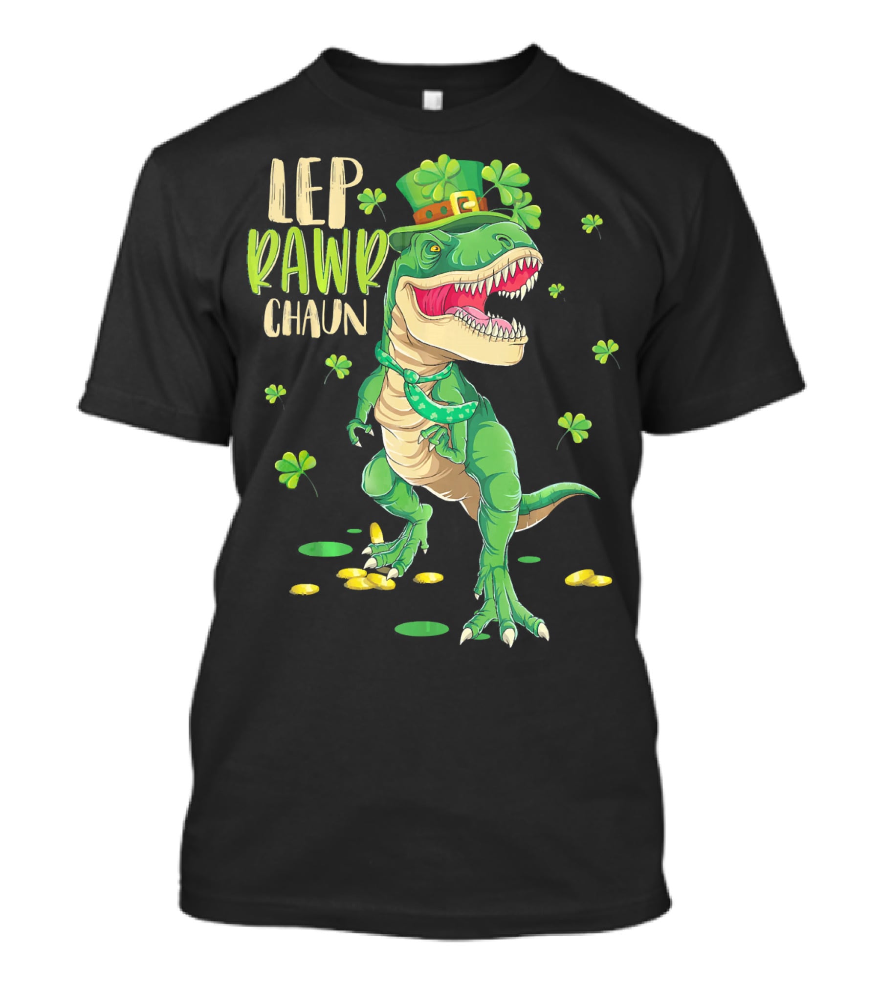 Leprawrchaun St. Patrick's Day Dinosaur With Shamrocks And Gold Coins T-Shirt